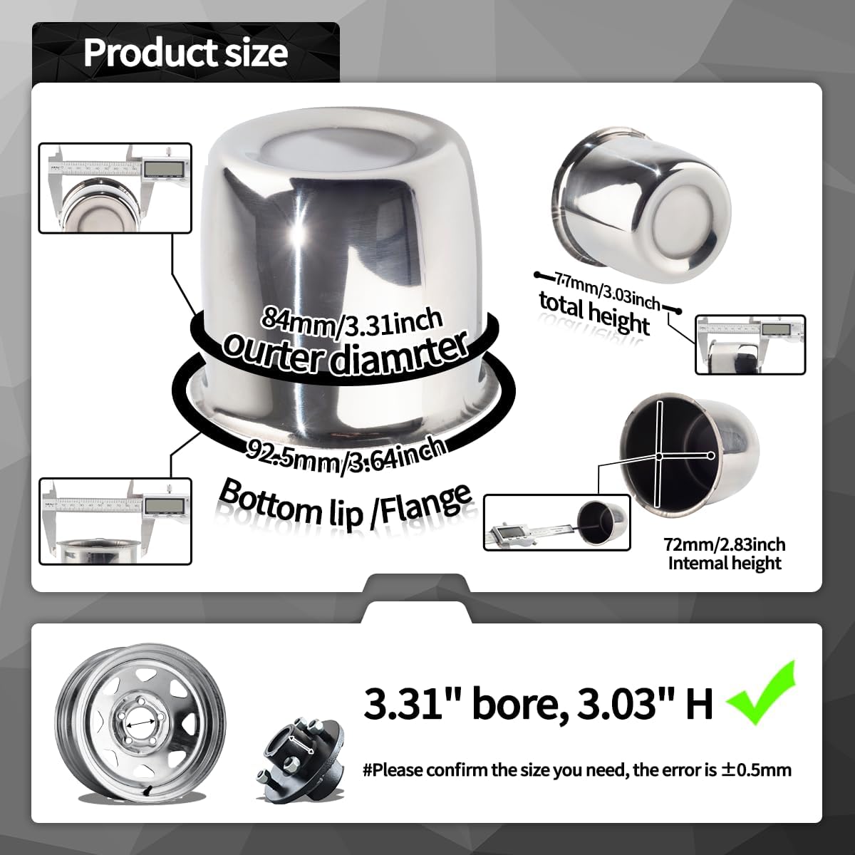 4Pcs 3.31inch Stainless Trailer Wheel Center Caps Push Through 3.31" Bore 3.03" Tall Hub Cap for Truck SUV RV Wheel Rim, Chrome Wheel Cover