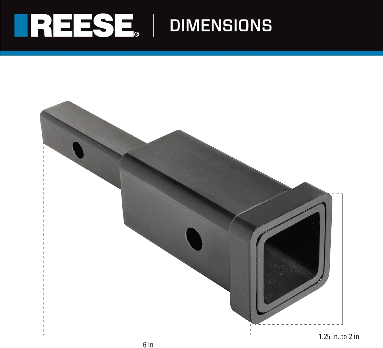 REESE Towpower 7020500 Trailer Hitch Receiver Adapter, Converts 1-1/4 Inch Square Receiver Opening to 2 Inch, 3,500 lbs. Capacity, 6 Inch Length