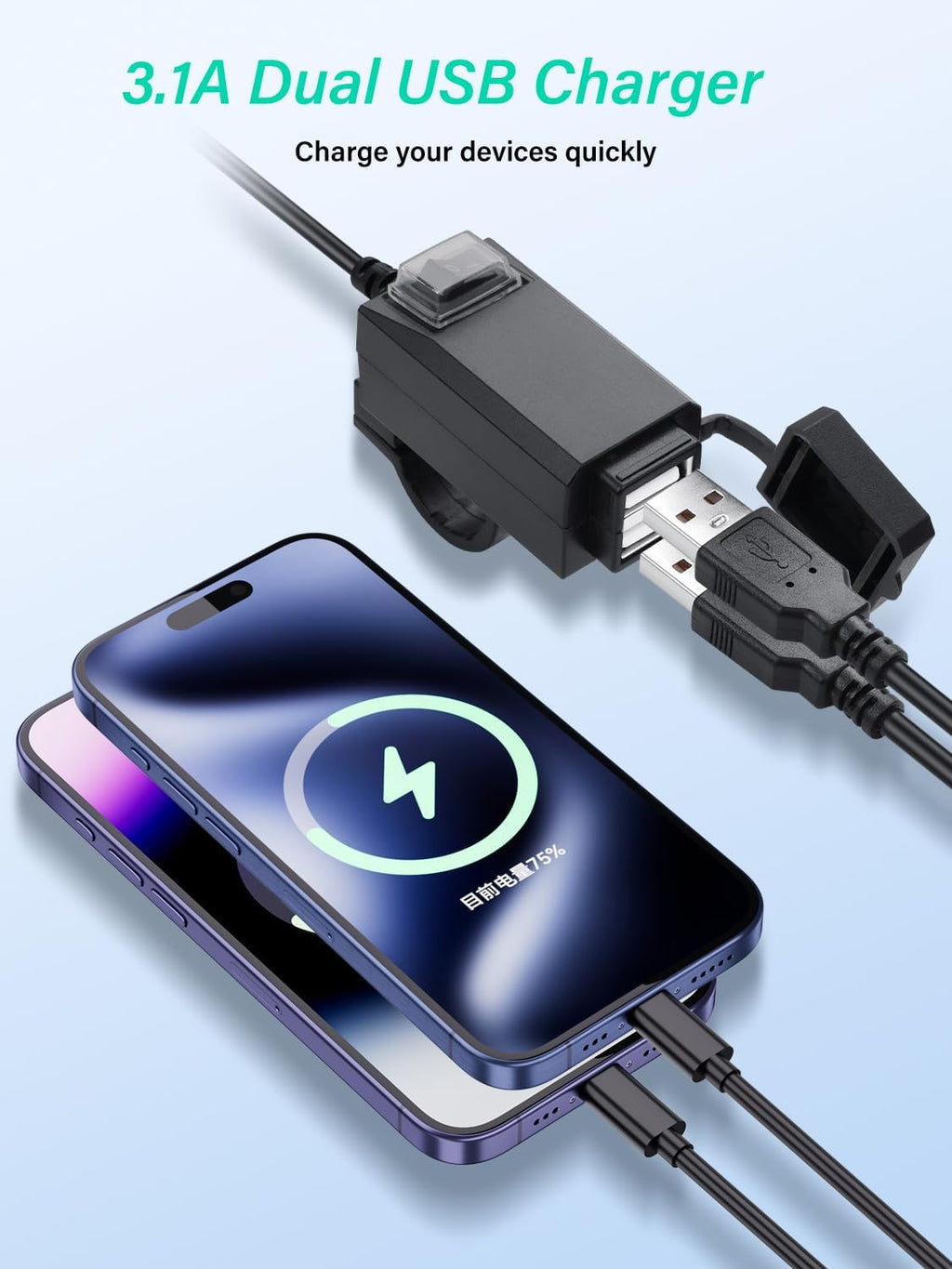 Motorcycle USB Charger, 3.1A Dual USB Motorcycle Waterproof Charger with Switch for Phone, Tablet, GPS, etc-1.2M/3.9ft