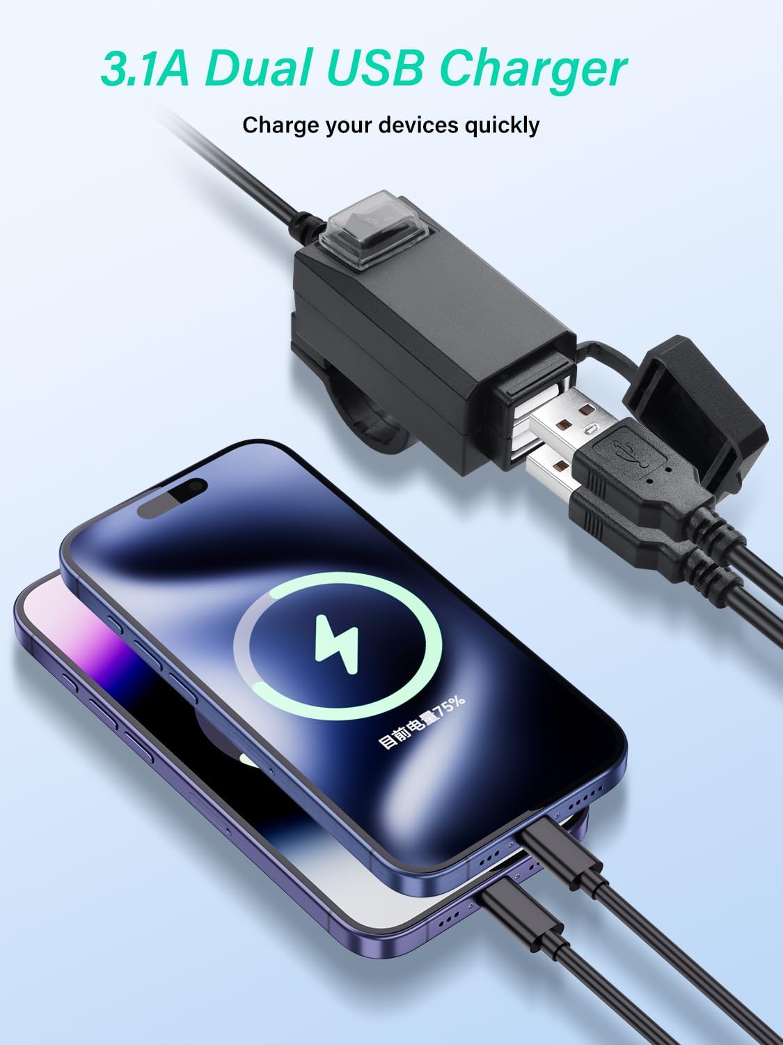 Motorcycle USB Charger, 3.1A Dual USB Motorcycle Waterproof Charger with Switch for Phone, Tablet, GPS, etc-1.2M/3.9ft
