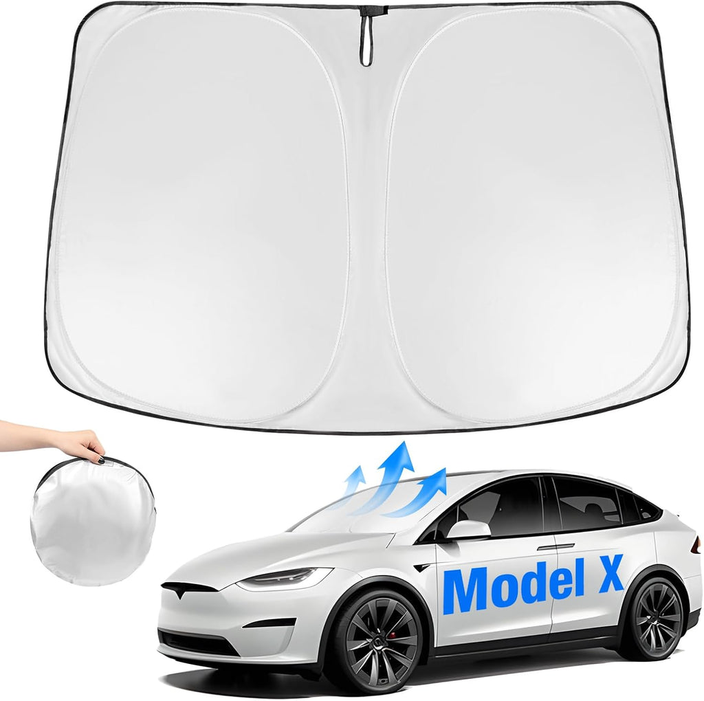 Neverland Windshield Sun Shade Custom Fit - for Tesla Model X 2016-2025, Sag-Proof 210D Oxford Foldable Visor Cover, UV Ray Block Heat Shield