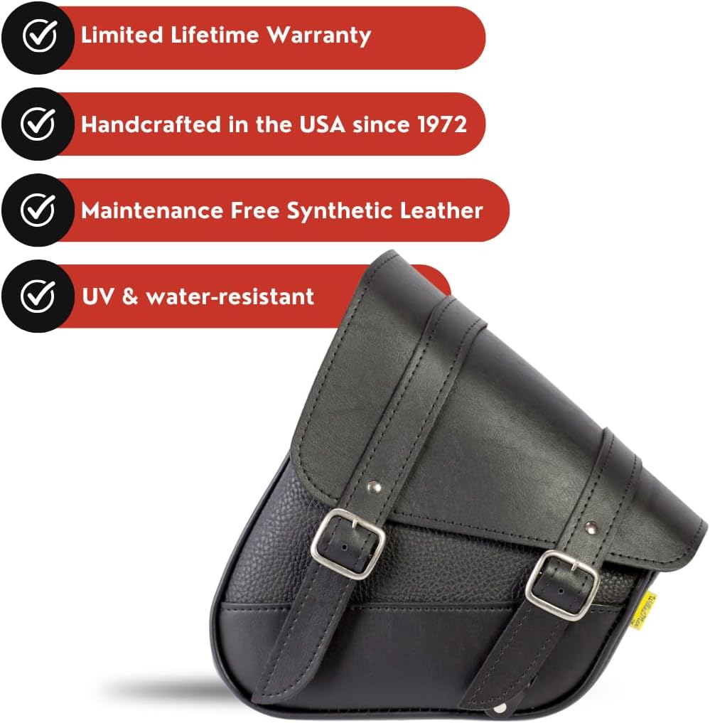 Willie & Max Black Synthetic Leather Small Motorcycle Swingarm Bag for Softail/Triangulated Swingarm Models - Chrome Buckles - Made in USA [59776-00]