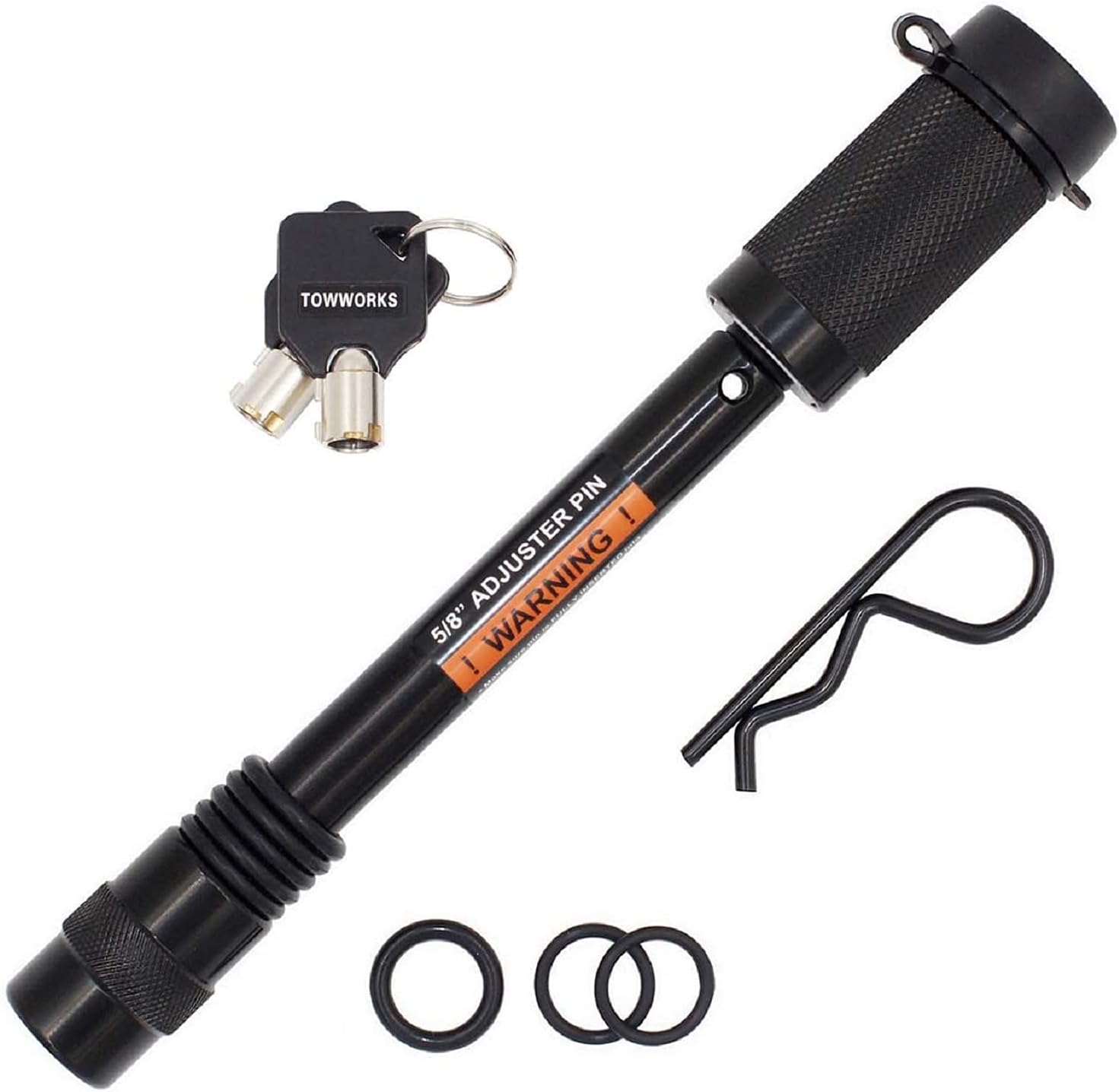 TowWorks 79831 Keyed Unique 5/8" Trailer Hitch Lock with Extra Long 4-1/2" Span, Double Safety Tow Hitch Locking Pin for 3" Receivers and Adjustable Channel Mounts