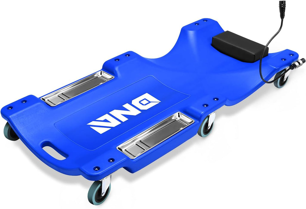 DNA Motoring 40 Inch Low Profile Plastic Rolling Garage Shop Floor Creeper with LED Light, Padded Headrest, Dual Tool Trays, Casters, Blue, TOOLS-00389-BL