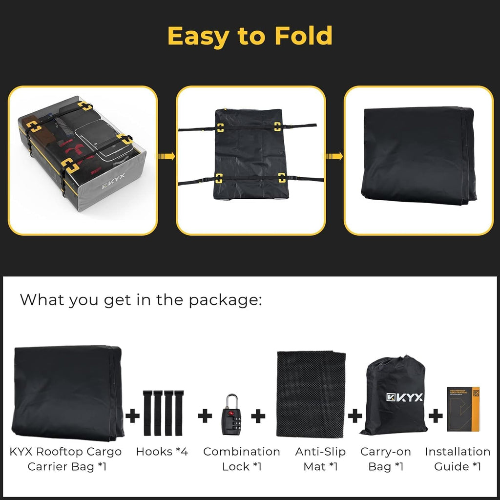 KYX Car Roof Bag Cargo Carrier –15 Cubic Feet Waterproof Roof Top Luggage Bag for All Cars with/Without Racks, Double Rain Curtain, Anti-Slip Mat