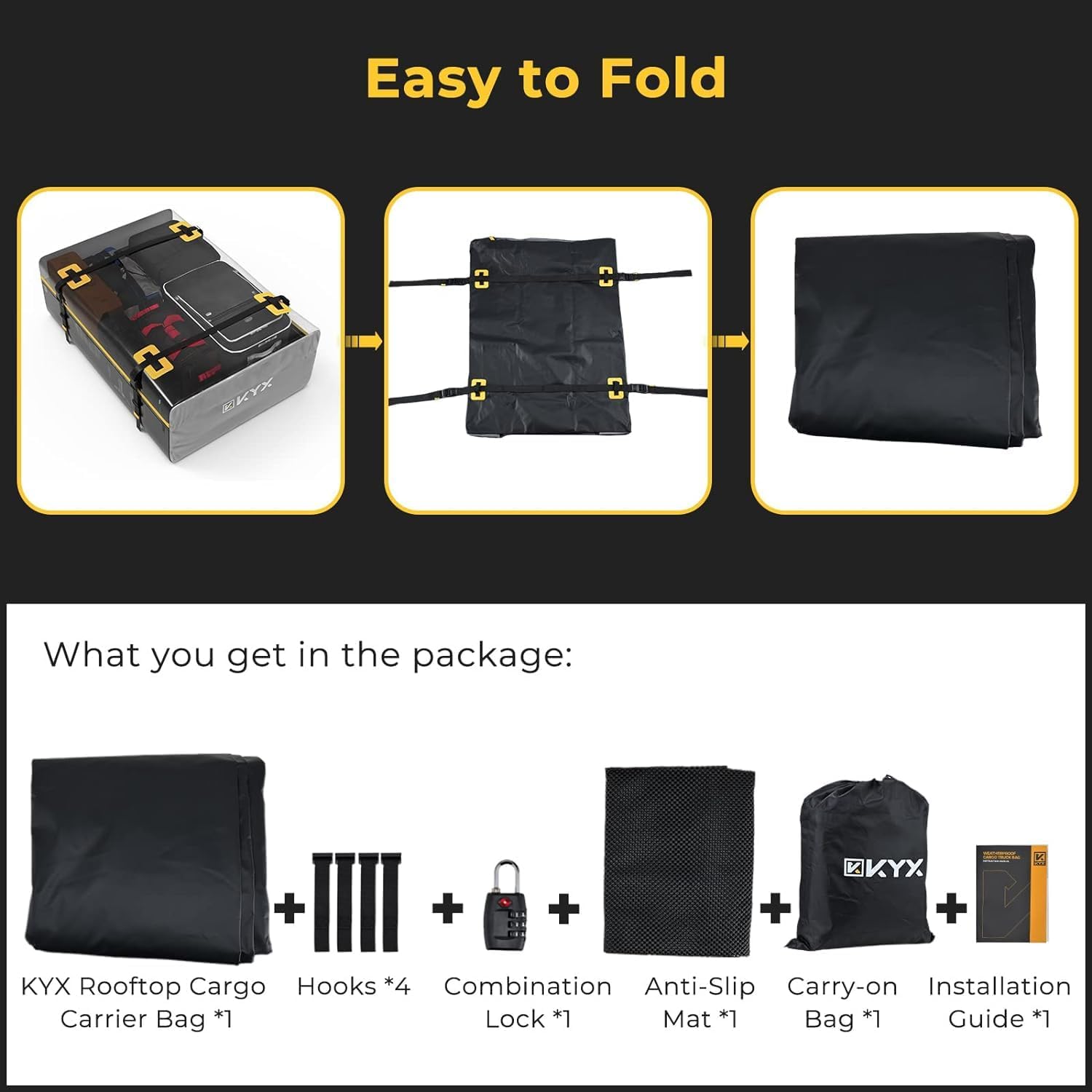 KYX Car Roof Bag Cargo Carrier –15 Cubic Feet Waterproof Roof Top Luggage Bag for All Cars with/Without Racks, Double Rain Curtain, Anti-Slip Mat