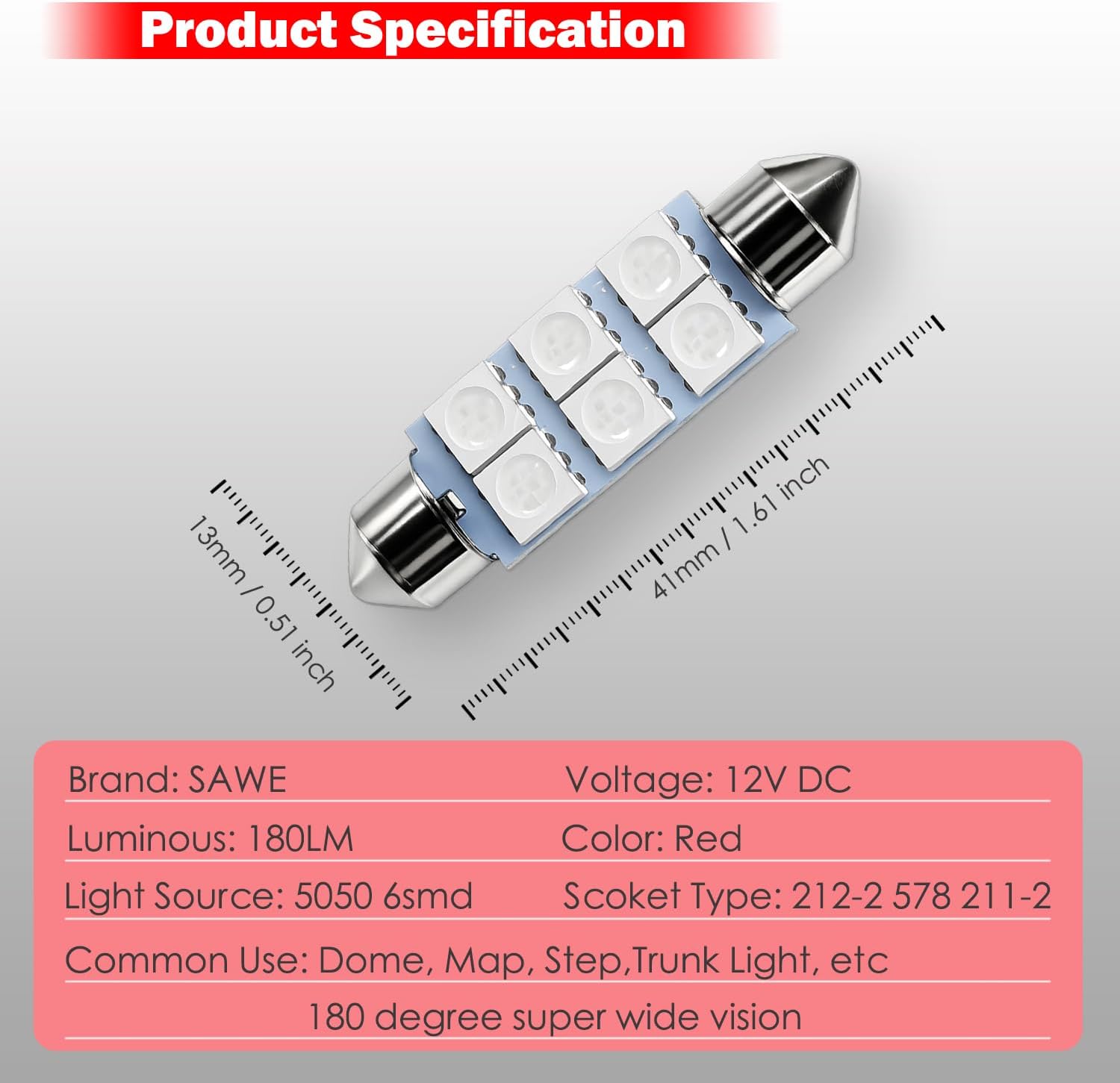 578 Led Bulb 42mm 41mm 211-2 212-2 Red Dome Map Interior Light 4Pcs | Canbus Error Free 12v Replacement for Interior Car Door Step Trunk Footwell Festoon Lamp 569 6411 6418 6451 5050 6-smd