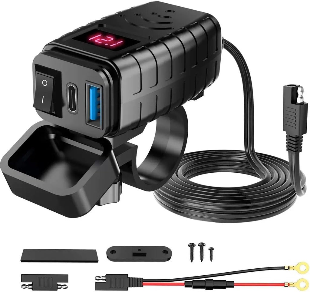 Motorcycle USB Type C Port 12V Voltmeter Independent On Off Switch SAE Inline 10A Fuse Waterproof 6.8A QC3.0 Fast Phone Tablet for 7/8inch Handlebar