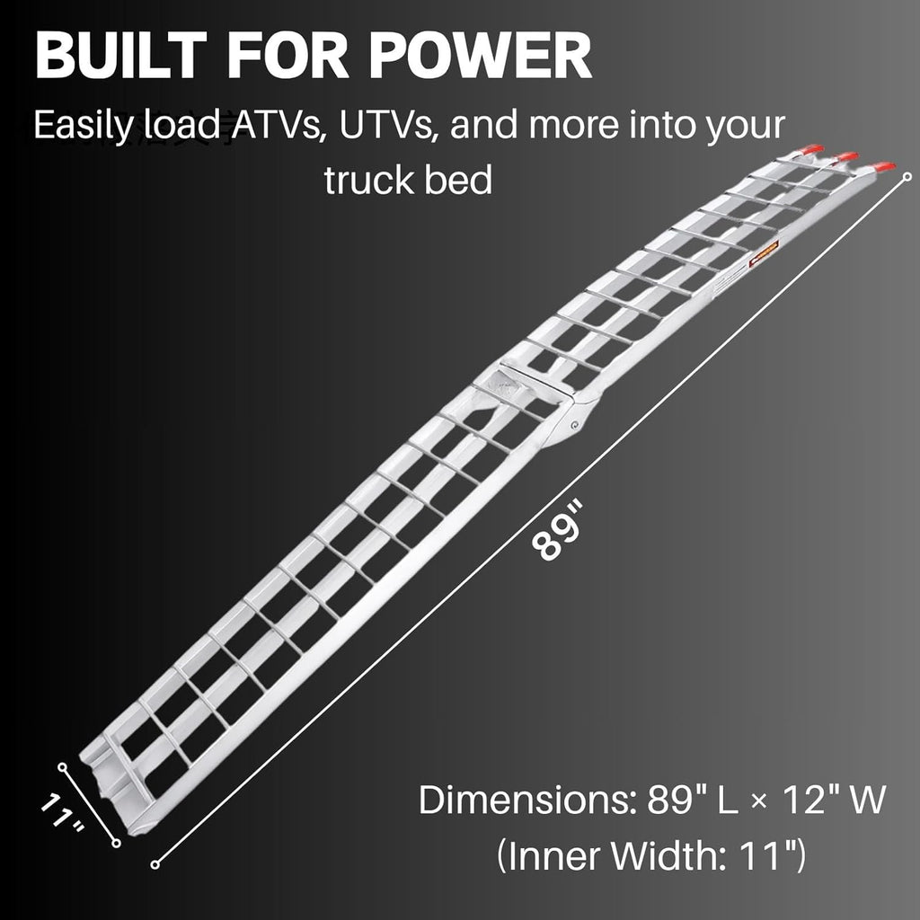 ATV Ramps for Pickup Trucks, 7.5 ft Folding Aluminum Truck Ramps 2 Pack, Crossbar Rungs Traction, Rubber-Tipped Fingers, Load Straps Included, 1,500 lb per Pair (750 Each), 89 x 12 in