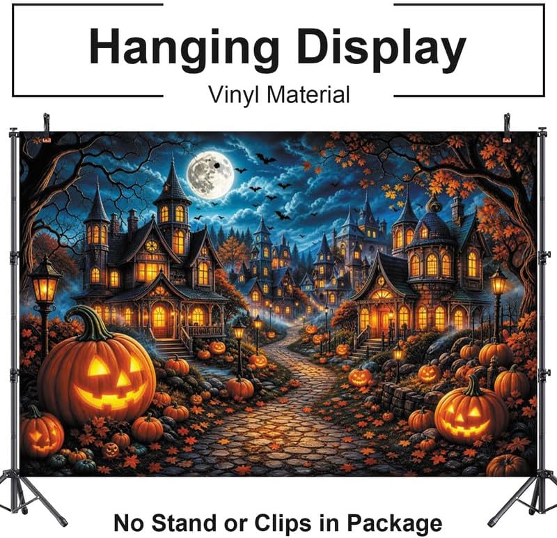 Halloween Spooky Haunted House Backdrop 10x8ft, Full Moon Pumpkin Village Cas...