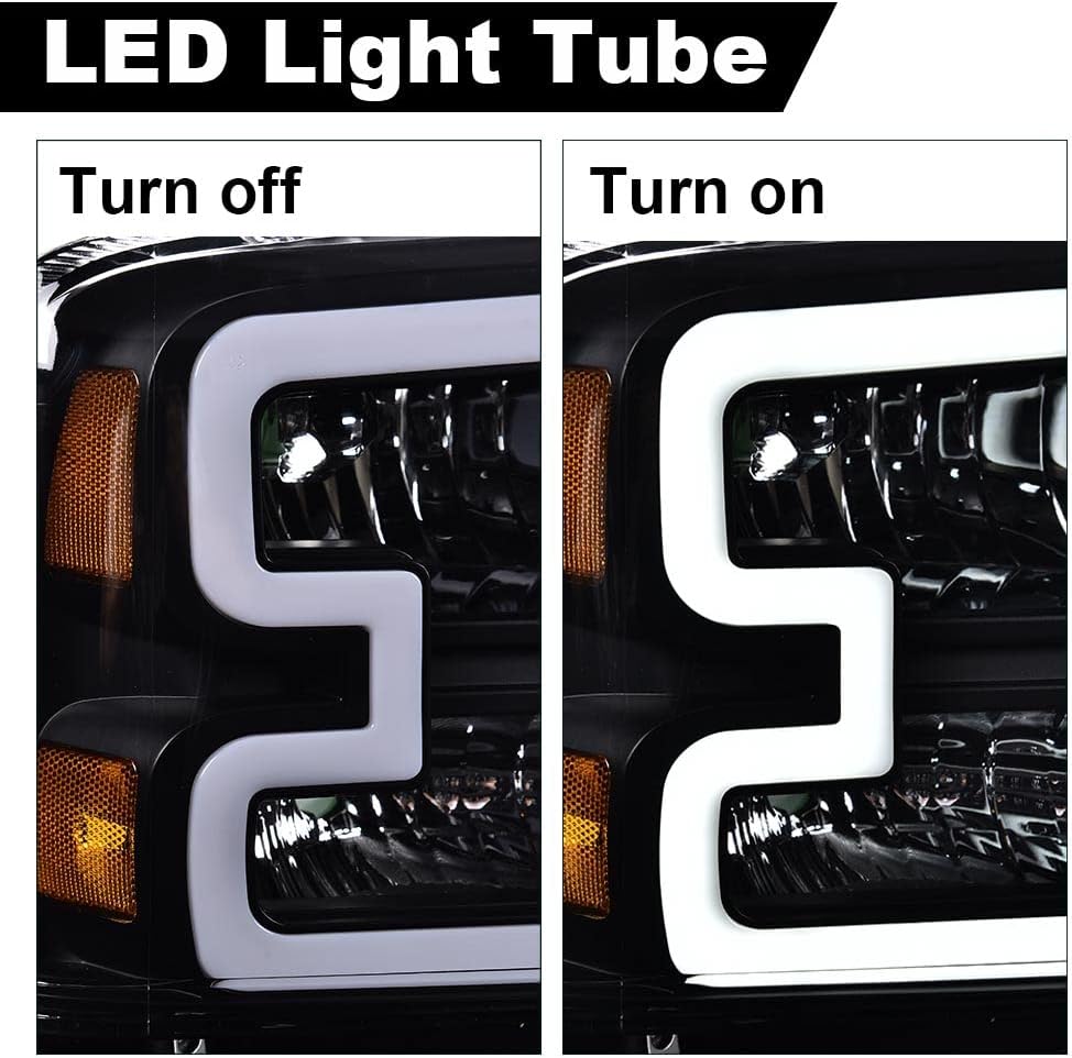 LED DRL Headlights Assembly Front Headlamp Clear Lens Black Housing Amber | Compatible with Ford F250 F350 F450 F550 Super Duty 2005-2007, Fit Ford Excursion 2005, Reflector