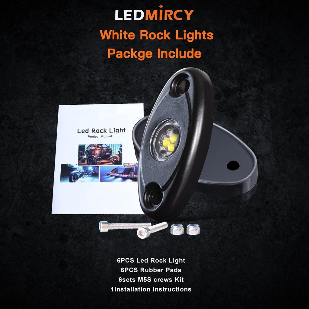 LEDMIRCY Pure White Rock Lights 6PCS R1 Super Bright LED Rock Lights White for Off Road Trucks ATV UTV SUV Underglow Neon Light Underbody Trail TRAI Rig Light High Power Waterproof Shockproof