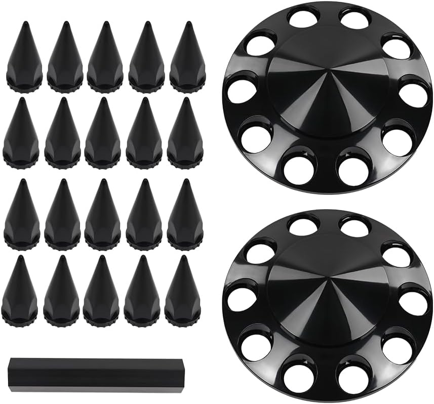 PIT66 Front Semi Truck Front Wheel Covers Fit 22.5 24.5 Inch Wheels Black | Pair Satin Black Hub Caps with 33mm Spikes & Lug Nut Covers for Semi Trucks. Fits Front Wheels 22.5" and 24.5"