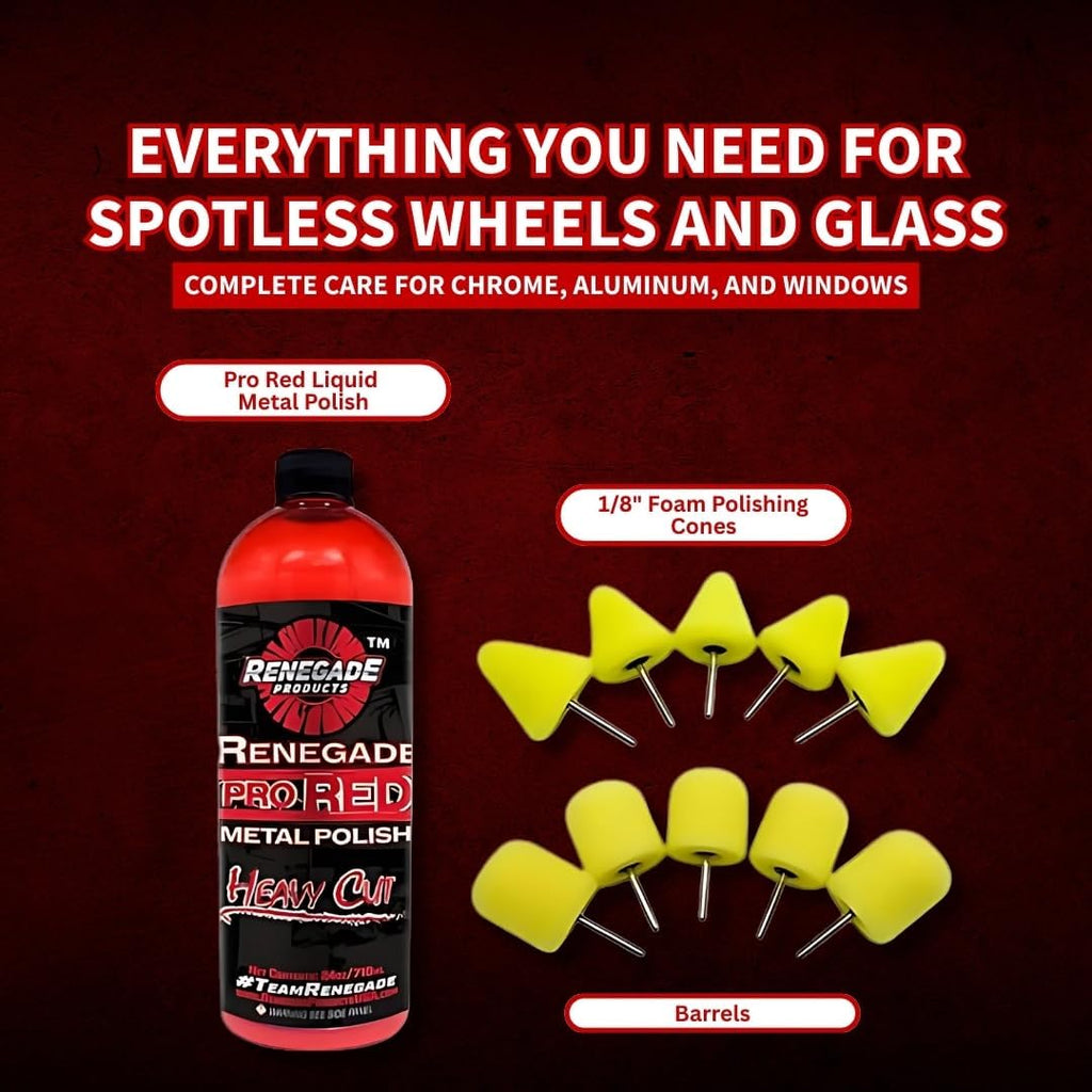 Renegade Products Wheel Window Polishing Bundle – Pro Red Liquid Metal Polish with 1/8" Foam Polishing Cones & Barrels – Drill Attachment Kit for Aluminum & Stainless Steel for Wheels & Tight Spaces