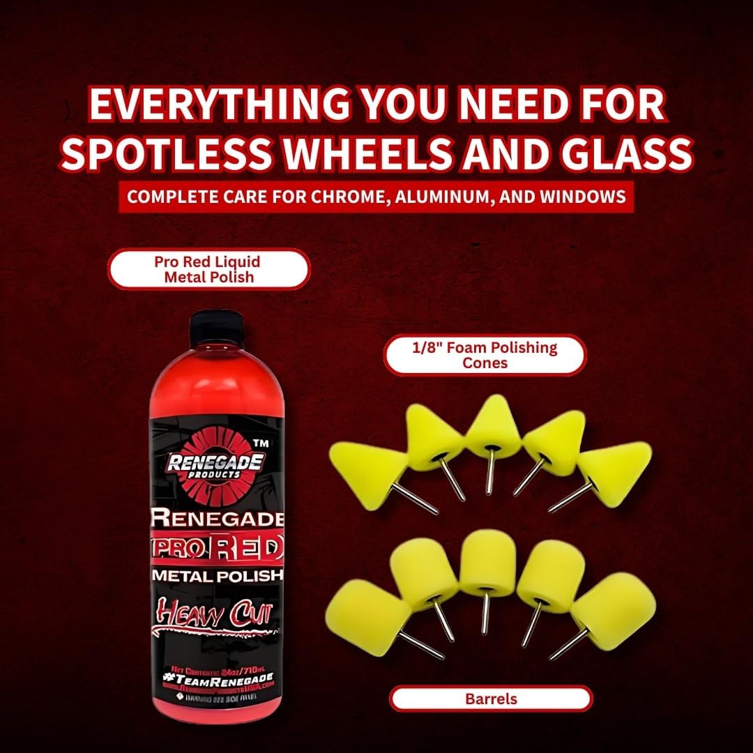 Renegade Products Wheel Window Polishing Bundle – Pro Red Liquid Metal Polish with 1/8" Foam Polishing Cones & Barrels – Drill Attachment Kit for Aluminum & Stainless Steel for Wheels & Tight Spaces