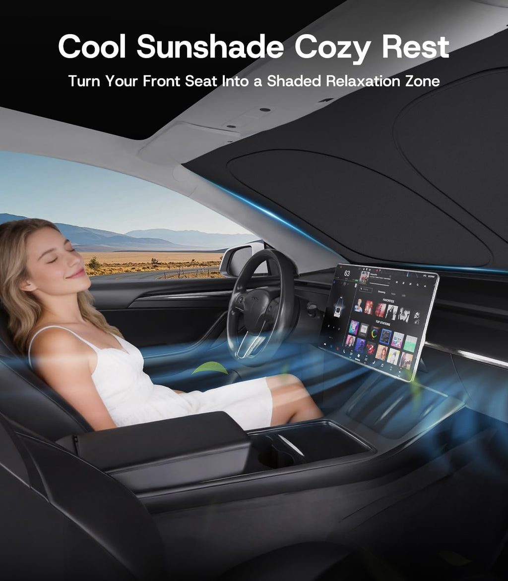 Windshield Sunshade for Tesla Model Y/3 2016-2026 (Juniper/Highland), [100% Sun Block & Anti‑Wrinkle] UV Protection Heat Insulation Front Window Cover for Tesla Model Y/3 Accessories