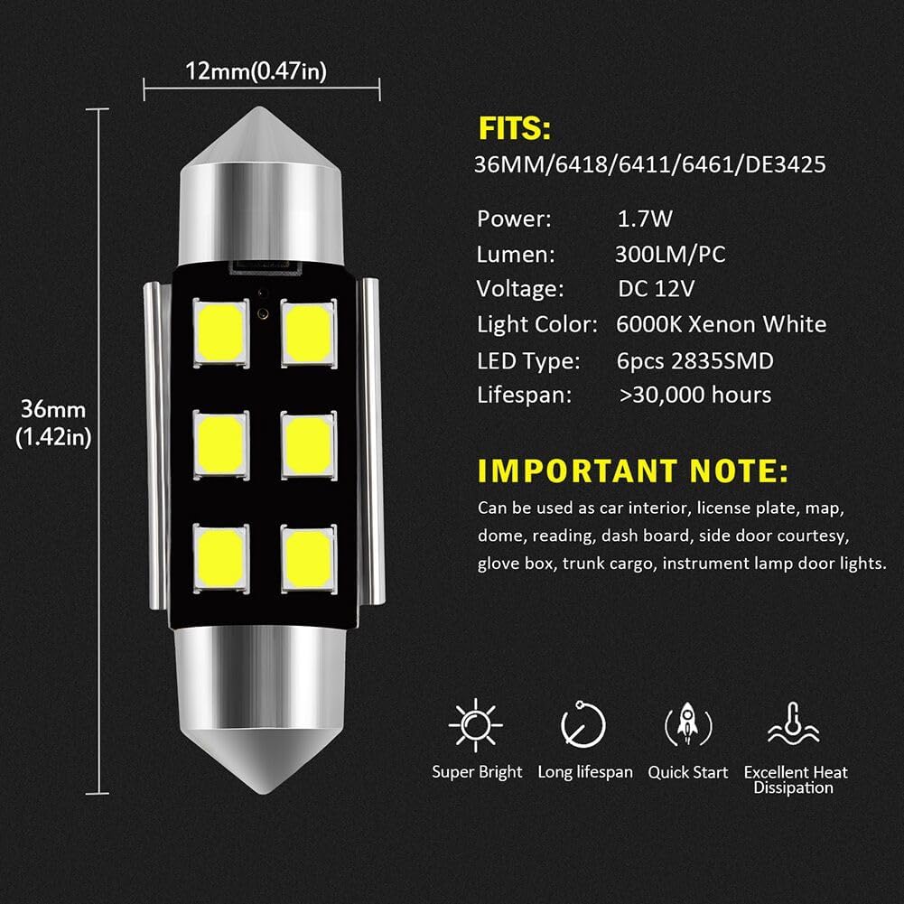 AUXLIGHT 6418 6411 DE3425 C5W DE3423 36MM 1.42”Festoon LED Interior Light Bulbs 6000K Xenon White, Super Bright 6SMD Chips for Dome Map Door Courtesy License Plate Lights (Pack of 6)