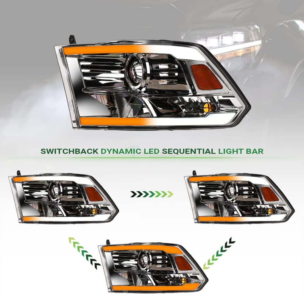 Switchback Sequential LED Strip Tube Bar Chrome Housing Projector Headlights Signal Lamps Amber Reflector nb Compatible With 09-18 Dodge Ram 1500/19-24 Classic / 10-18 2500 3500