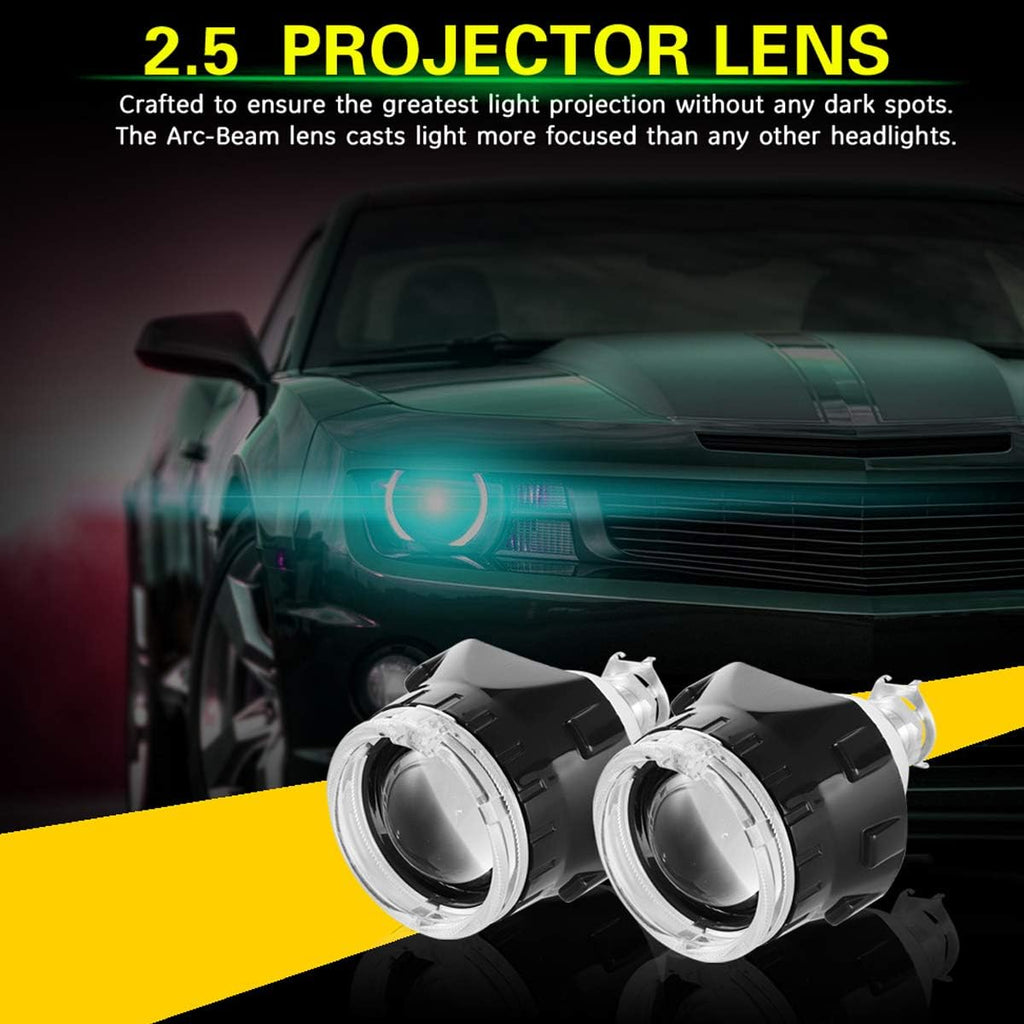 2.5 inch Bi-Xenon HID Projector Lens H4 H7 H11 Car Retrofit Styling Use H1 light Universal (Black Shroud with White Angel Eyes)