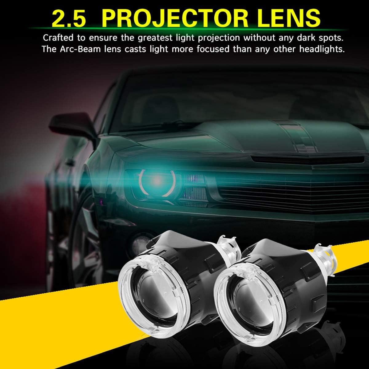 2.5 inch Bi-Xenon HID Projector Lens H4 H7 H11 Car Retrofit Styling Use H1 light Universal (Black Shroud with White Angel Eyes)