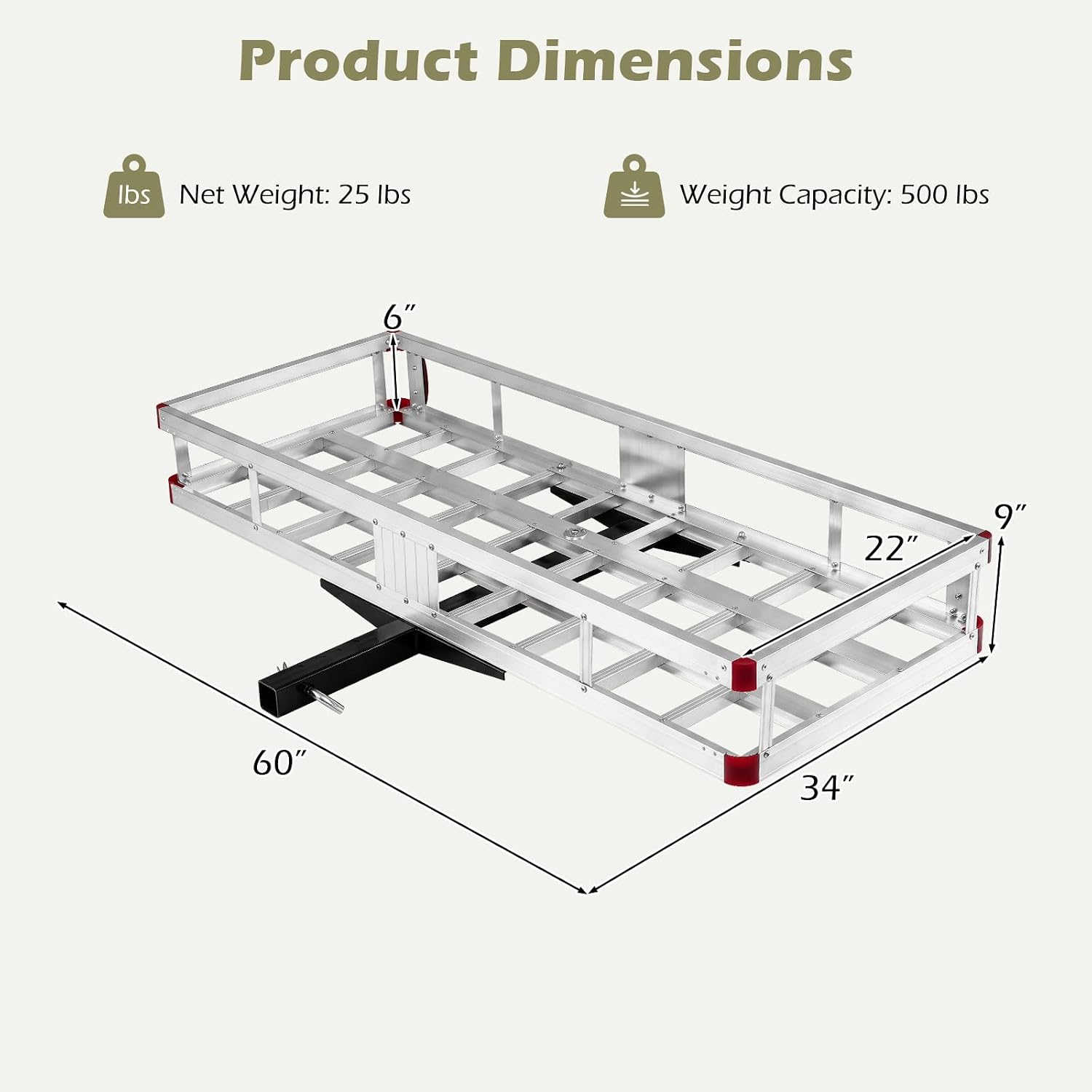 Goplus Hitch Cargo Carrier, Aluminum Hitch Mount Cargo Basket with 500LBS Capacity, Fits 2” Receiver, 60” x 22” x 7” Trailer Hitch Cargo Carrier for Vehicle Car SUV Truck