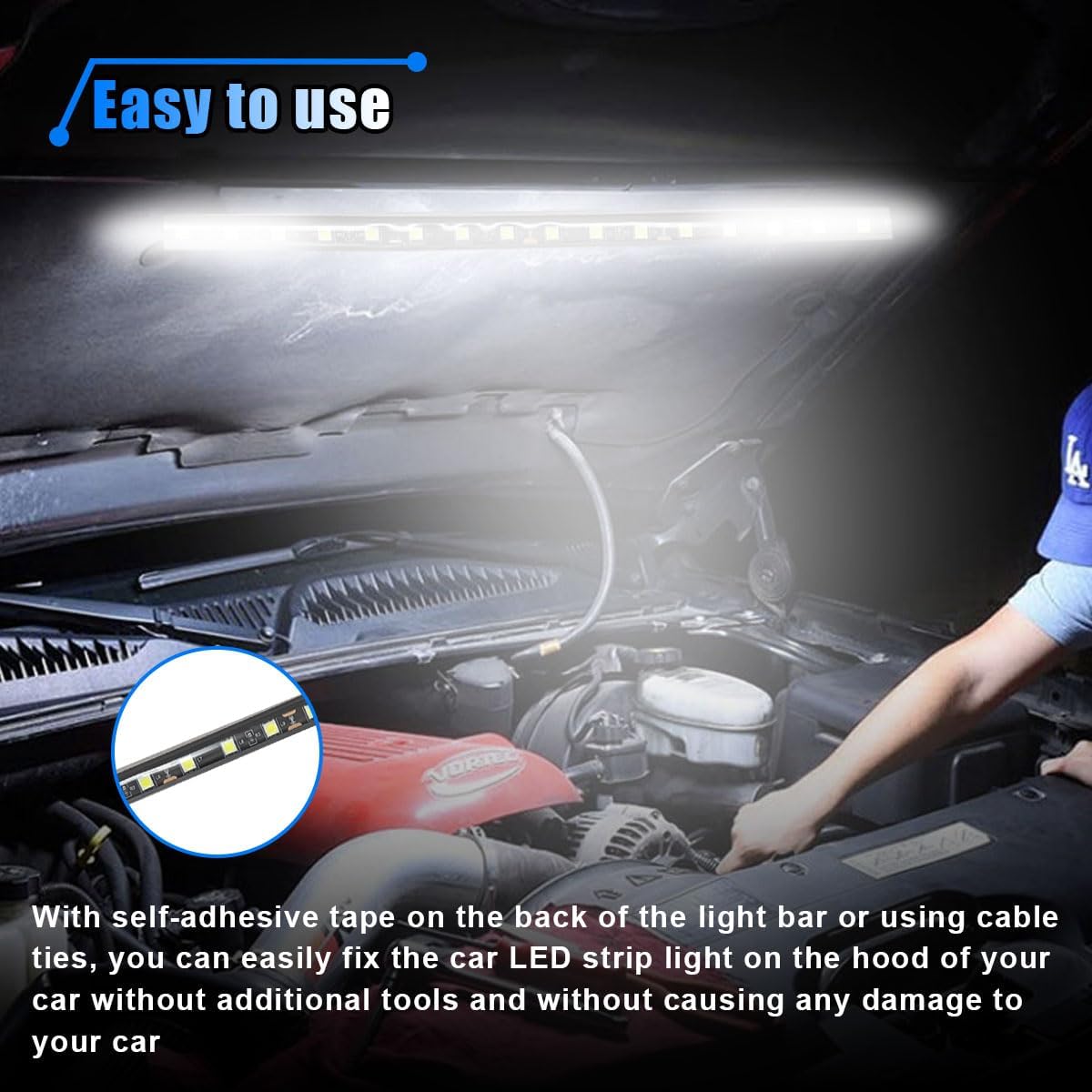 Car Under Hood LED Work Light Kit, 12V Hood Lighting Inspection LED Strip with Automatic On/Off, Waterproof Under Hood Work Light Bar, Fits Car, RV, SUV, Pickup, Boat