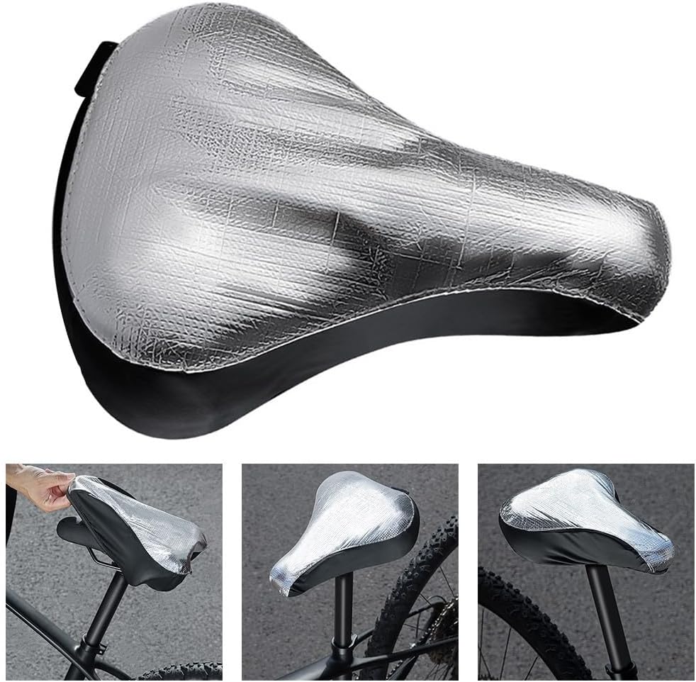 Bike Saddle Cover, Double-Sided Aluminum Foil Heat Insulation, Waterproof Sunblock Protector for Mountain Road Bike Electric Scooter Seat, Black Silver(2PCS)
