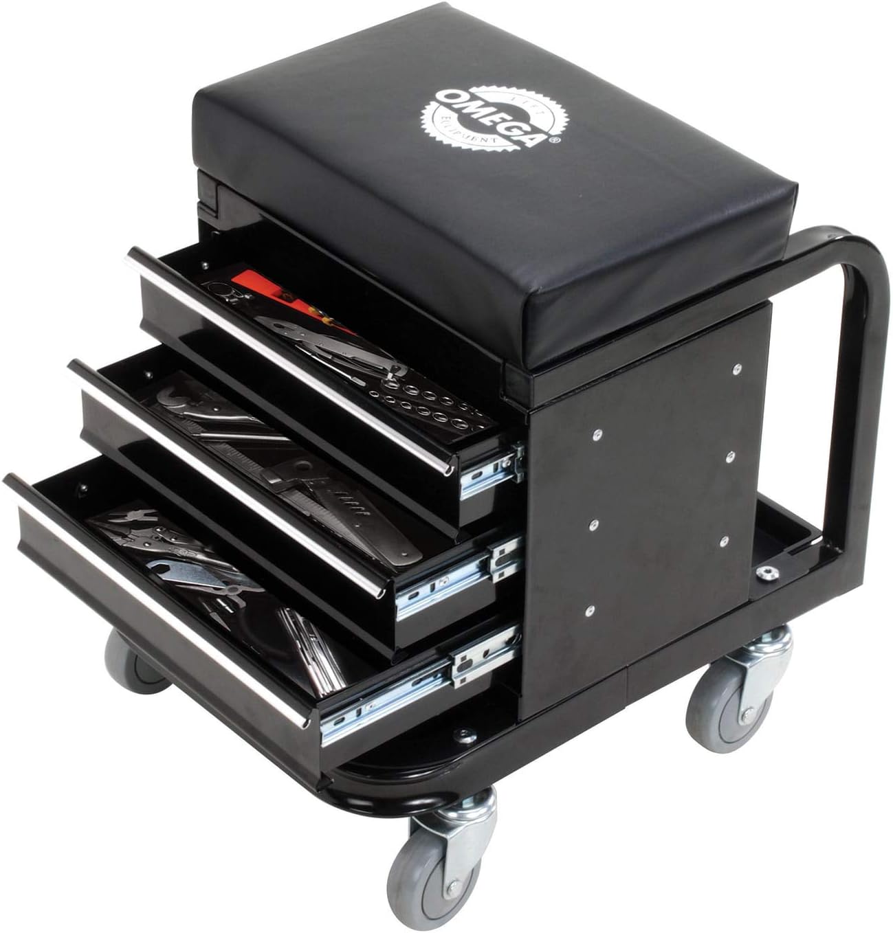 Omega-Lift Mechanic Stool with Wheels – Tool Box with Padded Chair Seat and Rolling Wheels for Garage – 450 Lbs Capacity