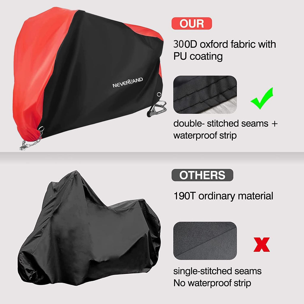 NEVERLAND Motorcycle Cover Waterproof Outdoor - All Season Scooter Covers Heavy Duty with 2 Lock-Holes, Bandage & Storage Bag Fits Most Motorcycles, Scooters, Dirt Bikes, Sportbikes (Up to 104”)