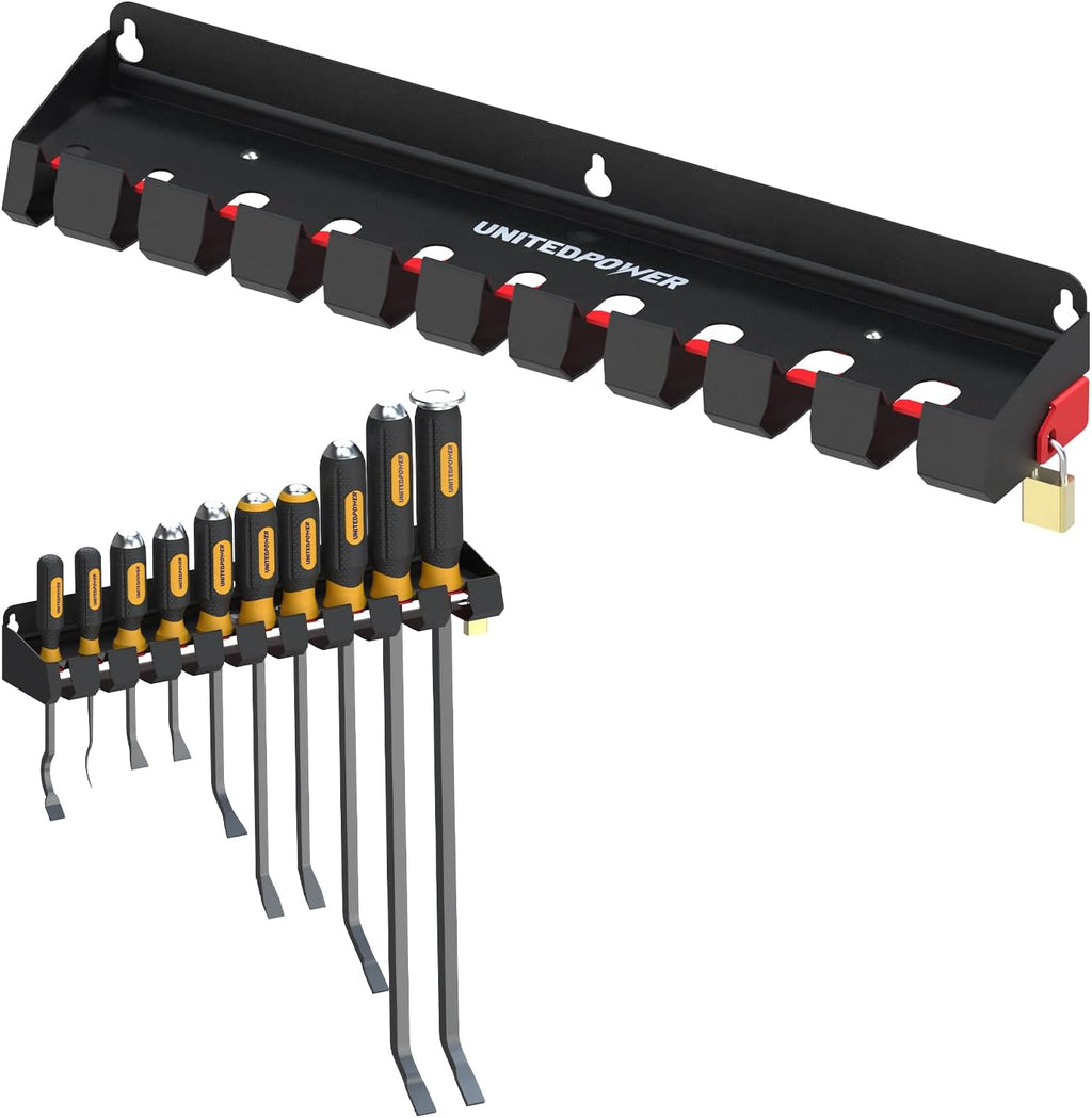 UNITEDPOWER Pry Bar Holder, Lockable Wall Mount Storage Rack Organizer