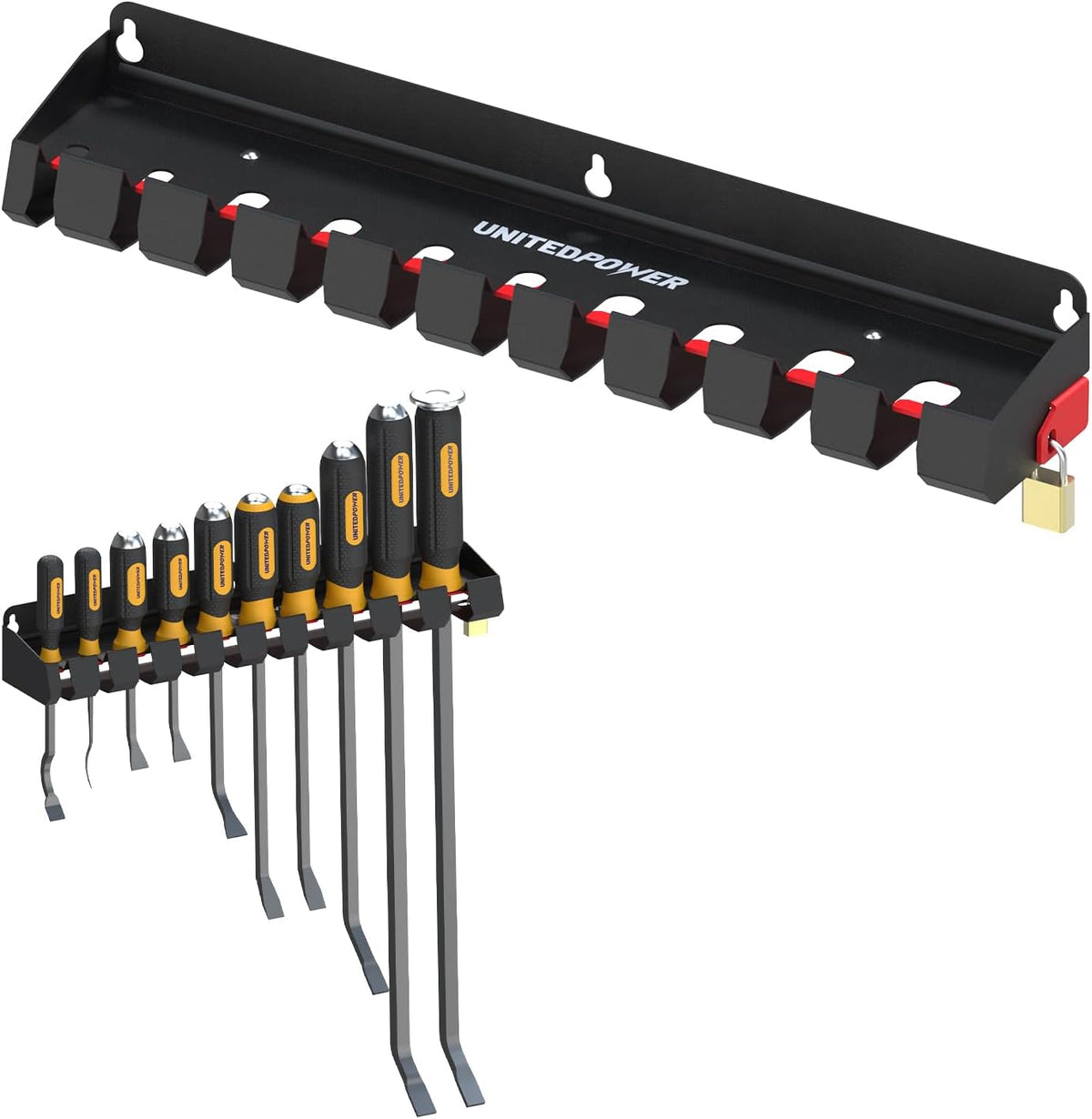 UNITEDPOWER Pry Bar Holder, Lockable Wall Mount Storage Rack Organizer