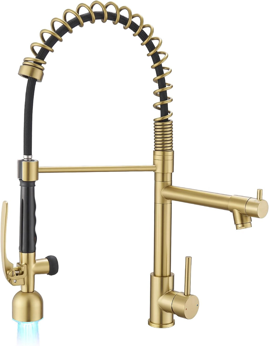 Fapully Single Handle High Arc Brushed Gold Pull Down Kitchen Faucet LED