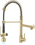 Fapully Single Handle High Arc Brushed Gold Pull Down Kitchen Faucet LED