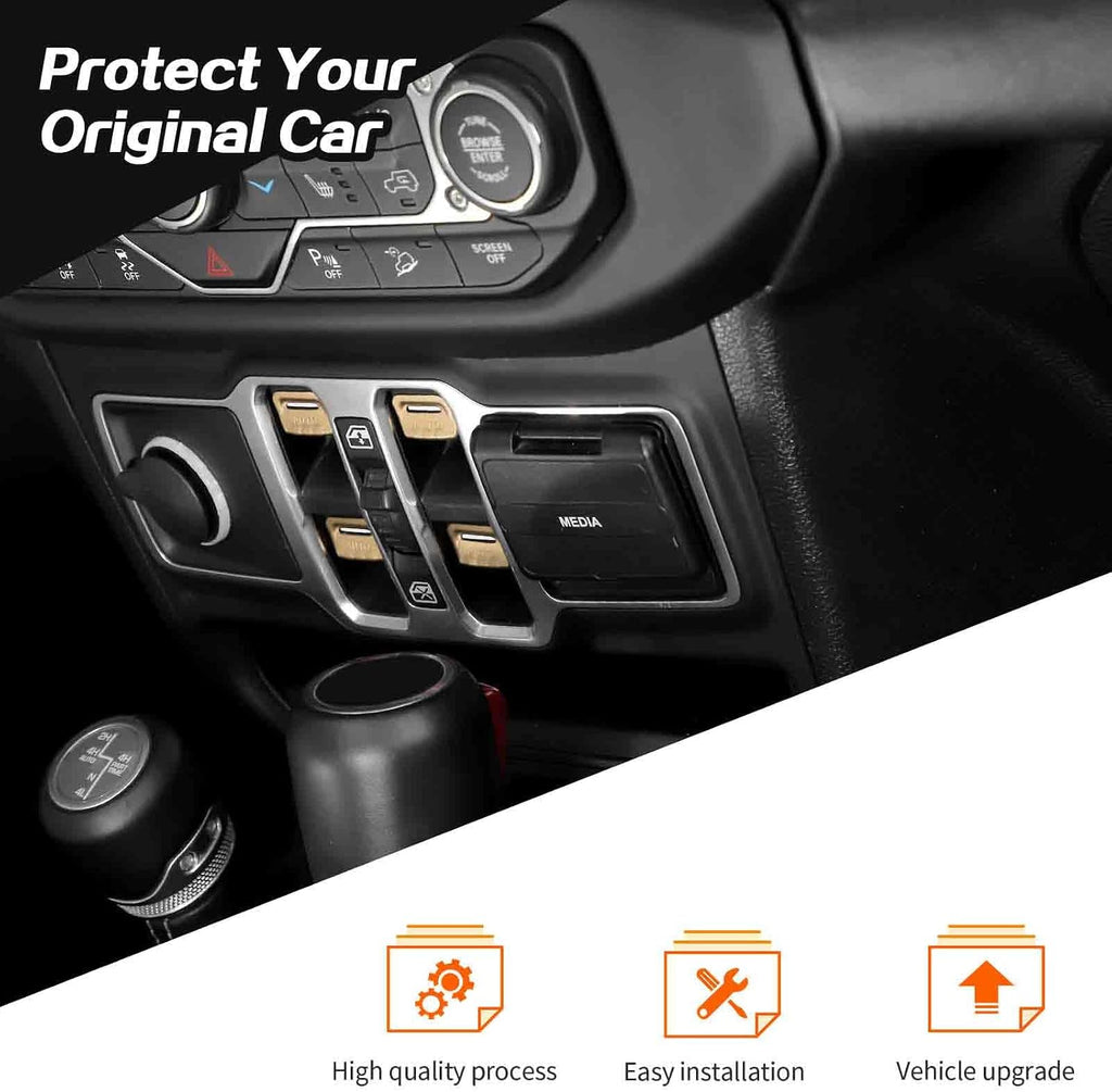 JeCar for Jeep Window Switch Button Cover Trim Interior Accessories for Jeep Wrangler JL JLU Gladiator JT 2018-2024 2025 2026+ (Gold Aluminum Alloy)