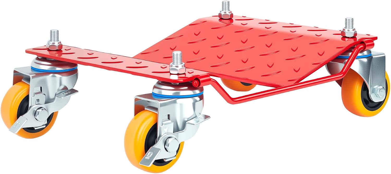 Steel Tire Wheel Dolly Set of 4 with Anti-Skid Plate, 360° Swivel Casters, Red, 5500 lbs Capacity