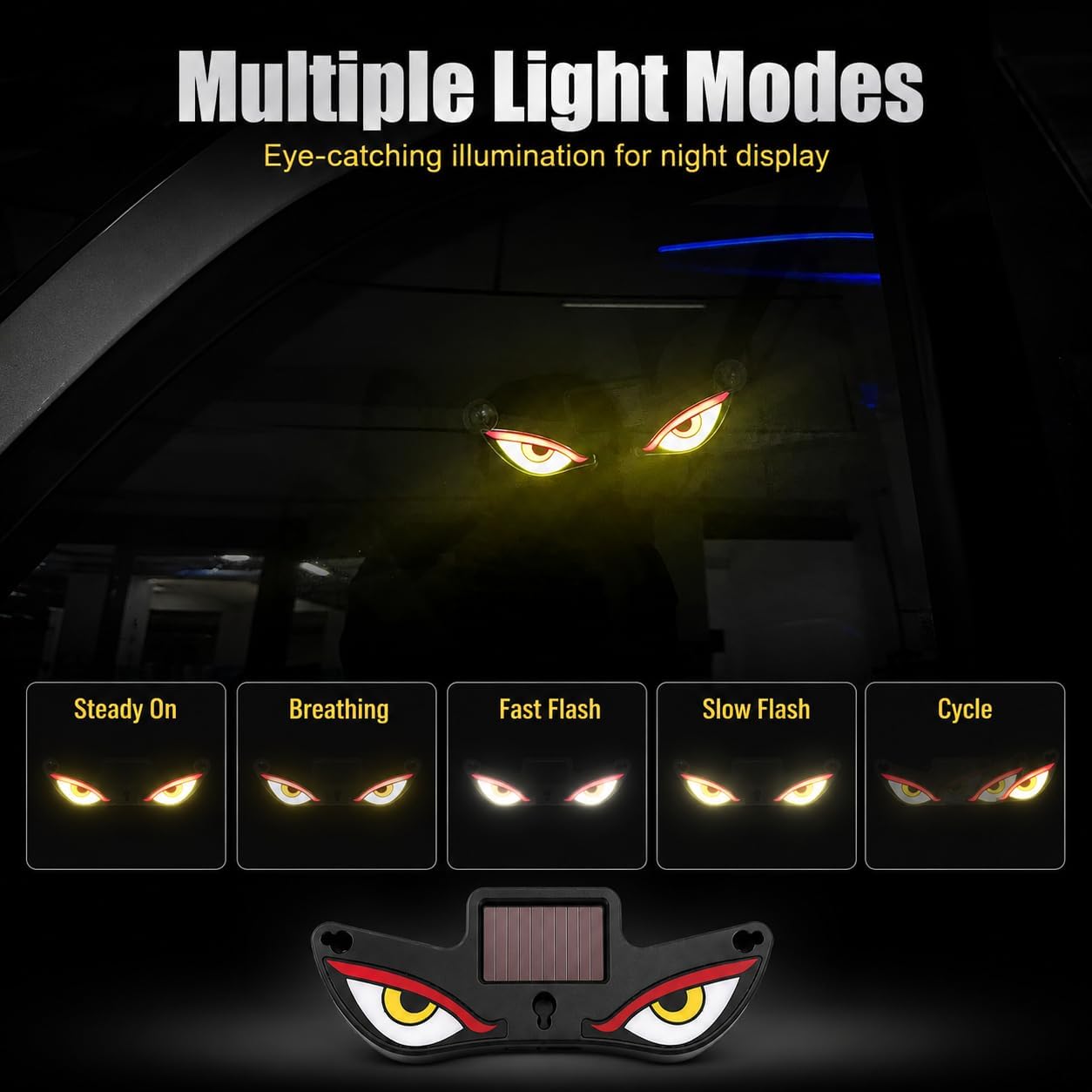Solar Devil Eyes LED Car Window Light, Wireless No Drill Solar Powered Demon Eyes Warning Lights for Cars Windshield Rear Window, Waterproof LED Eyes Animated for Trucks/SUVs/RV/Vans, 2 Pack (T1-RYW)