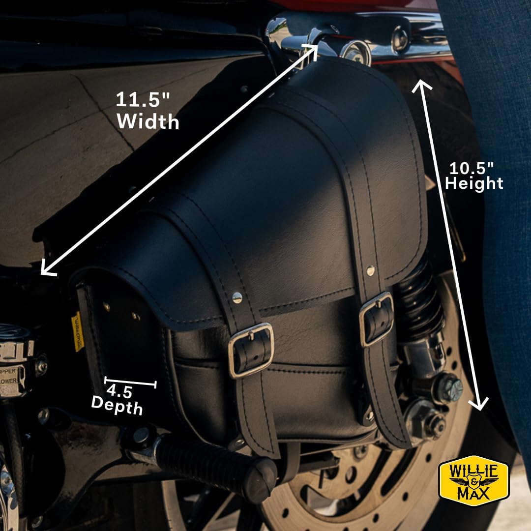 Willie & Max Black Synthetic Leather Motorcycle Swingarm Bag for Sportsters/Dual Shock Models - Nickel Buckle - Made in USA [59778-00]