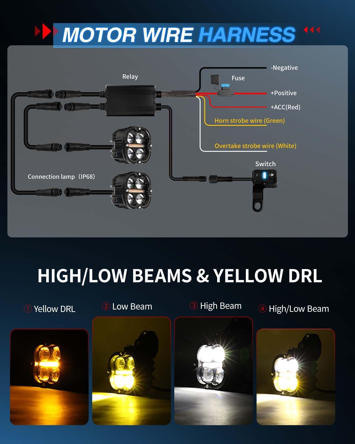 BraveWAY 3 Inch Motorcycle Driving Lights 120W LED Fog Lights with DRL 4 Strobe Modes Amber & White Beams LED Auxiliary Spotlights with Mount Brackets Wire Harness for Motorcycle ATV Night Riding UTV