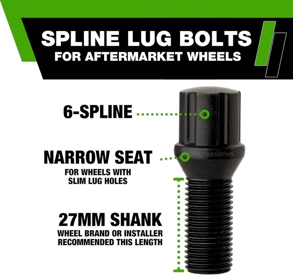DPAccessories Black M14x1.50 Lug Bolts for Aftermarket Wheels | Spline Bolt | 27mm Shank | Set of 20 | BS27K5HE-BK04020