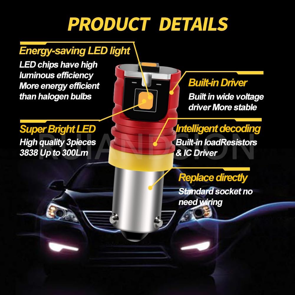 Ruiandsion BAX9S Yellow LED Bulbs 2-Pack, Fits H6W 64132 38161, 10-30V for Instrument Panel, Gauge Cluster, Parking City & Dashboard Courtesy Lights
