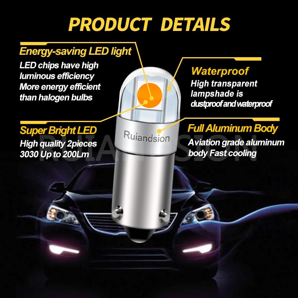 Ruiandsion BAY9S LED Reading Light H21W 64136 12V Non Polarity 200LM Super Bright 3030 2SMD Chipset Yellow for Car Interior Side Door Courtesy Map Lights Pack of 10