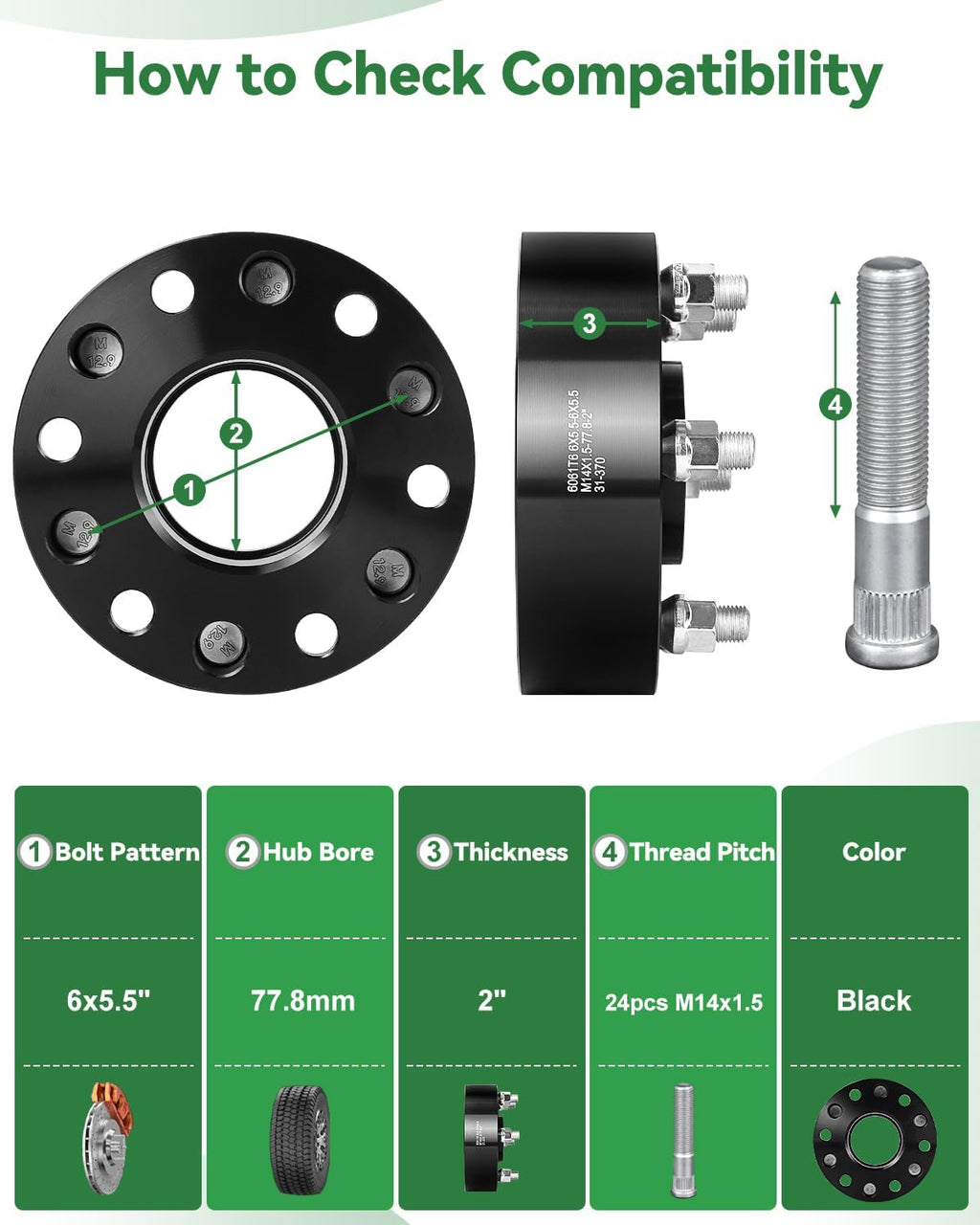 2 Inch 6x5.5 Wheel Spacers for 2019-2024 Ram 1500, 6x139.7 Wheel Spacers 77.8mm Hubcentric with 14x1.5 Stud