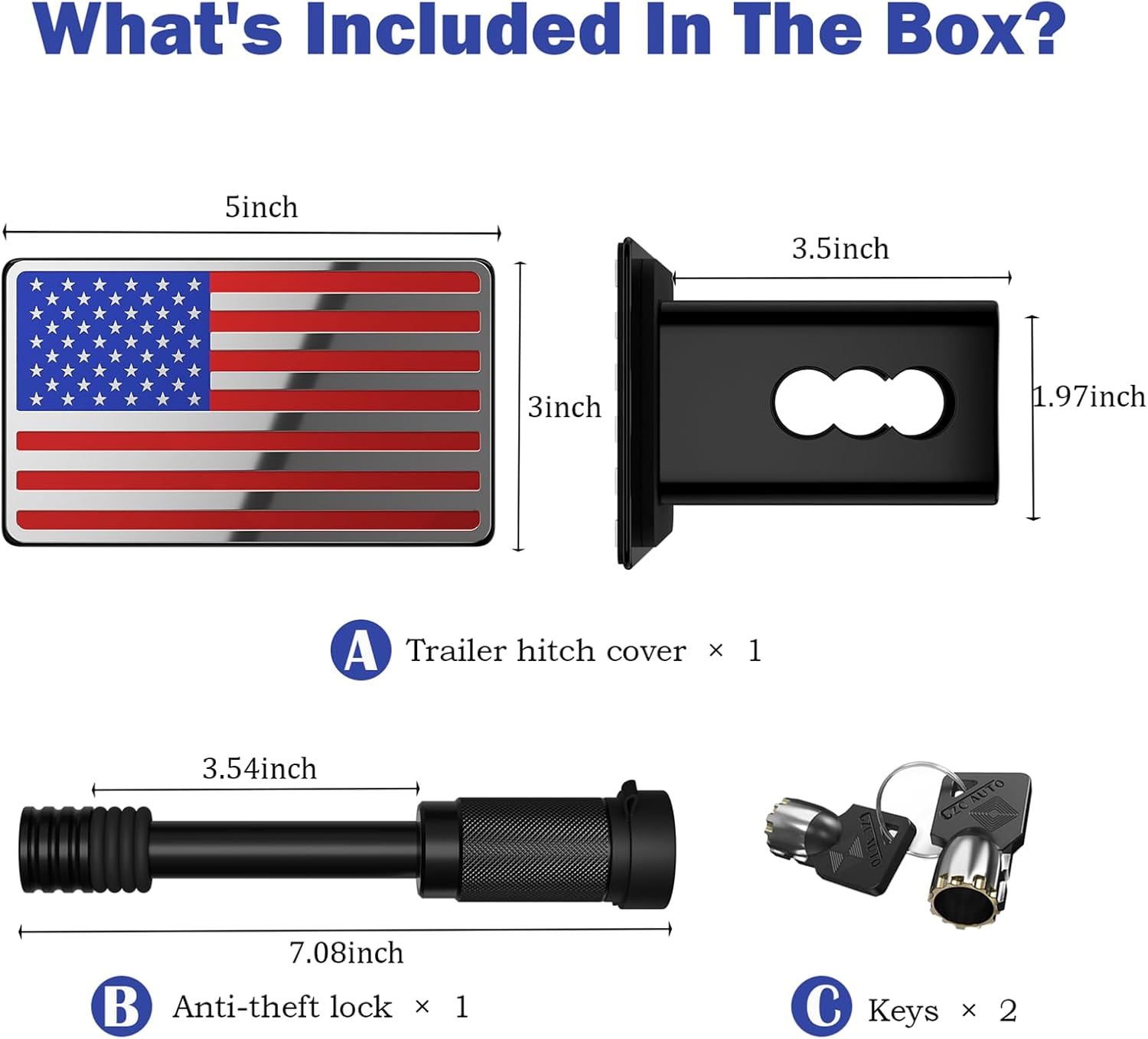 OGYE 2 Inch Trailer Hitch Cover with American Flag, Heavy Metal Trailer Hitch Cover Fit for 2 Inch Hitch Receivers (with 5/8" Pin Dia Anti-Theft Trailer Hitch Lock),3 * 5" Blue/Red/Chrome
