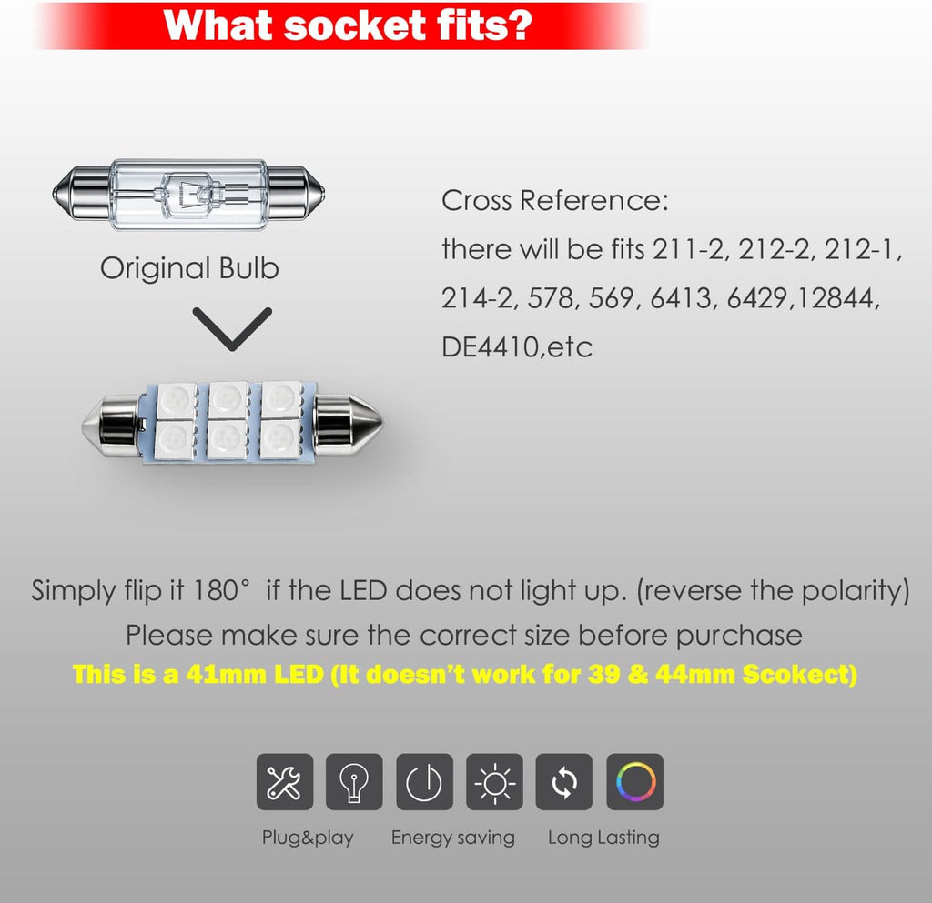 578 Led Bulb 42mm 41mm 211-2 212-2 Red Dome Map Interior Light 4Pcs | Canbus Error Free 12v Replacement for Interior Car Door Step Trunk Footwell Festoon Lamp 569 6411 6418 6451 5050 6-smd