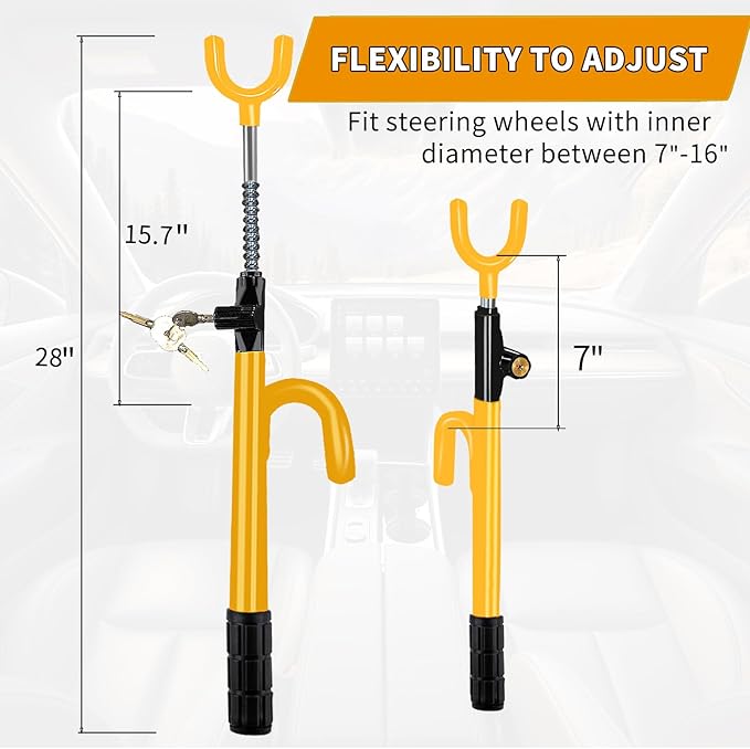 Steering Wheel Lock, Heavy Duty Anti-Theft Car Device, Adjustable Length Locking - Image 2