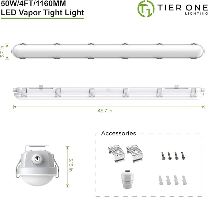 TIERONE 4ft LED Vapor Tight Light 50W Outdoor Shop Light IP65 Waterproof 0-10V - Image 2