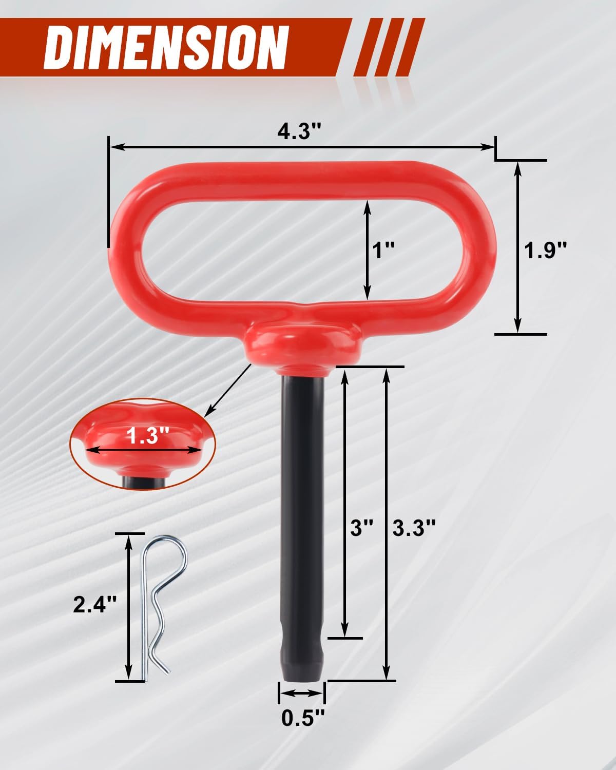 2Pack Hitch Pin, 1/2 x 3 Inch Trailer Hitch Pin with Clip and Rubber-Coated Handle, Strong Heavy Duty Lawn Mower Hitch Pin for Mowers, Tractor Truck, Towing Cargo, ATV (Red)