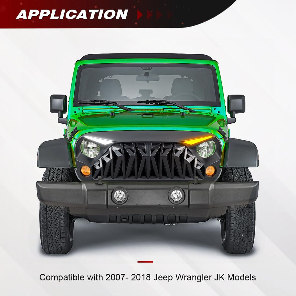 Front Grill Compatible with 2007-2018 Jeep Wrangler JK JKU, Shark Grille w/DRL Turn Signal Lights, Matte Black