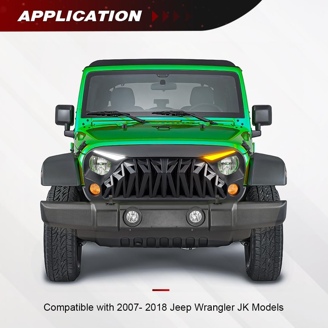 Front Grill Compatible with 2007-2018 Jeep Wrangler JK JKU, Shark Grille w/DRL Turn Signal Lights, Matte Black