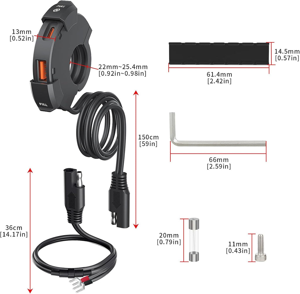 BlueFire Motorcycle USB Charger, Dual Motorcycle Handlebar Socket, USB QC3.0 Type-C 30W PD Fast Car Charger Power Adapter Charger Voltmeter for Phones/Tablets/GPS